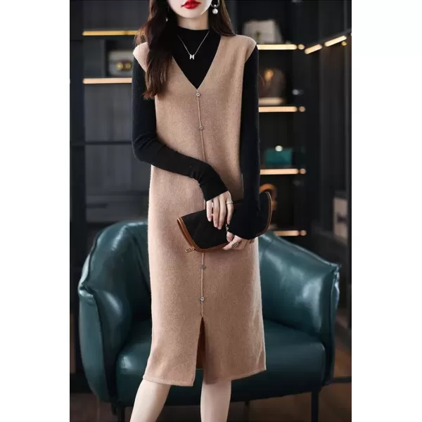 imagechouyatou Womens Sweater Vest Long Dress Elegant Below Knee Sleeveless Knitted Sweater Dress with SlitCamel