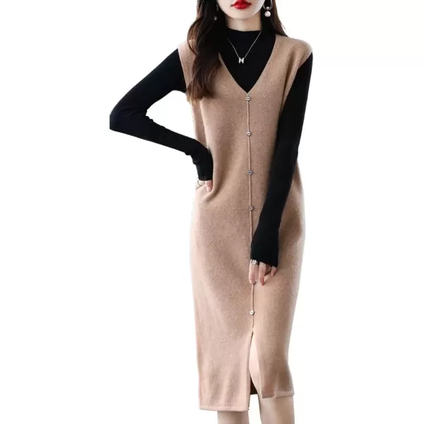 imagechouyatou Womens Sweater Vest Long Dress Elegant Below Knee Sleeveless Knitted Sweater Dress with SlitCamel
