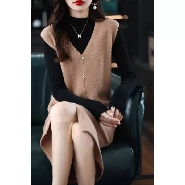 imagechouyatou Womens Sweater Vest Long Dress Elegant Below Knee Sleeveless Knitted Sweater Dress with SlitCamel