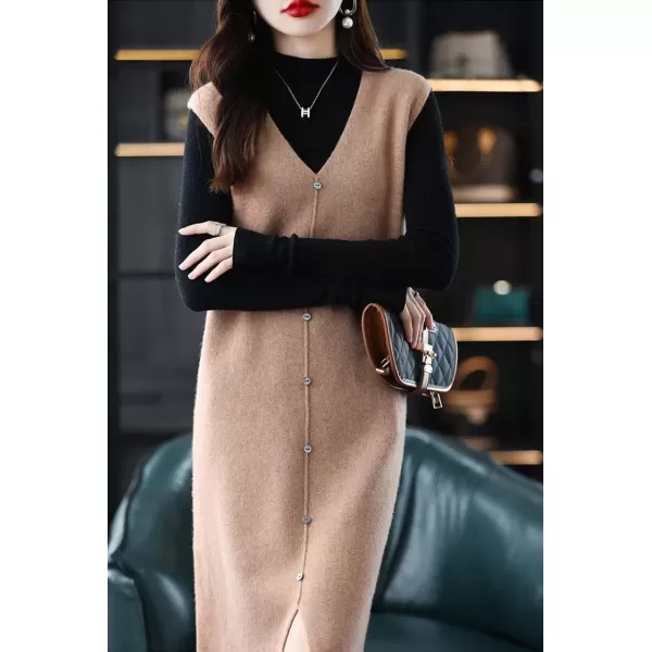 imagechouyatou Womens Sweater Vest Long Dress Elegant Below Knee Sleeveless Knitted Sweater Dress with SlitCamel