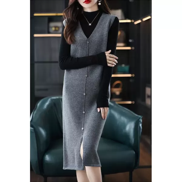 imagechouyatou Womens Sweater Vest Long Dress Elegant Below Knee Sleeveless Knitted Sweater Dress with SlitGray