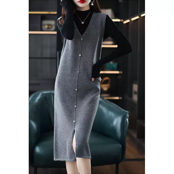 imagechouyatou Womens Sweater Vest Long Dress Elegant Below Knee Sleeveless Knitted Sweater Dress with SlitGray