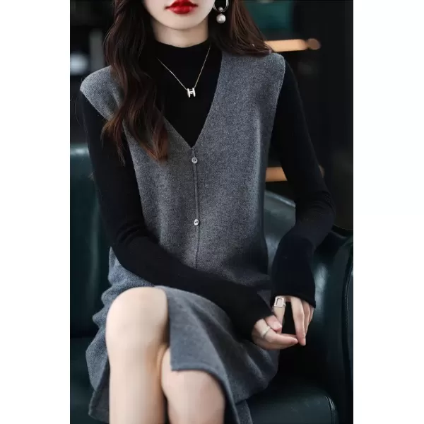 imagechouyatou Womens Sweater Vest Long Dress Elegant Below Knee Sleeveless Knitted Sweater Dress with SlitGray