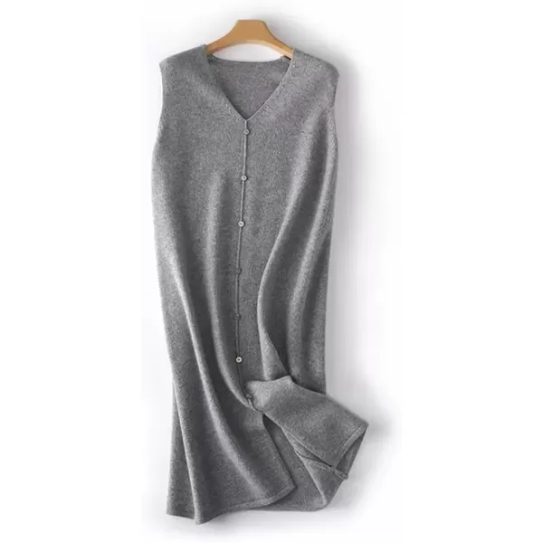 imagechouyatou Womens Sweater Vest Long Dress Elegant Below Knee Sleeveless Knitted Sweater Dress with SlitGray