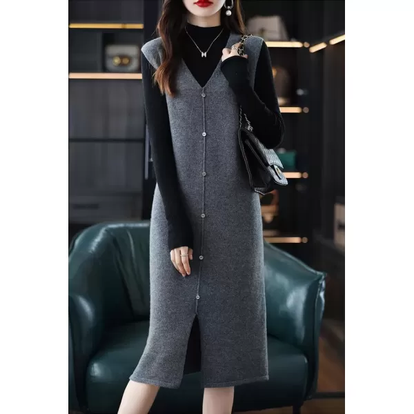 imagechouyatou Womens Sweater Vest Long Dress Elegant Below Knee Sleeveless Knitted Sweater Dress with SlitGray