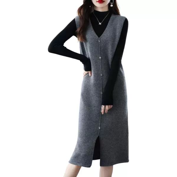 imagechouyatou Womens Sweater Vest Long Dress Elegant Below Knee Sleeveless Knitted Sweater Dress with SlitGray