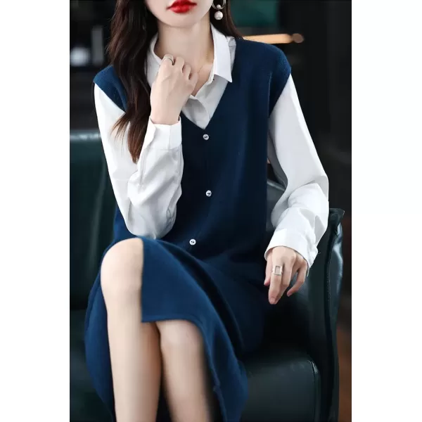 imagechouyatou Womens Sweater Vest Long Dress Elegant Below Knee Sleeveless Knitted Sweater Dress with SlitNavy Blue