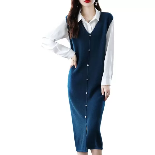 imagechouyatou Womens Sweater Vest Long Dress Elegant Below Knee Sleeveless Knitted Sweater Dress with SlitNavy Blue