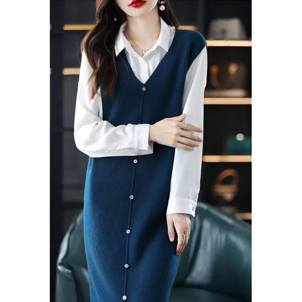 imagechouyatou Womens Sweater Vest Long Dress Elegant Below Knee Sleeveless Knitted Sweater Dress with SlitNavy Blue