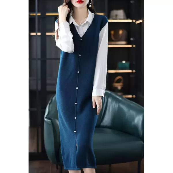 imagechouyatou Womens Sweater Vest Long Dress Elegant Below Knee Sleeveless Knitted Sweater Dress with SlitNavy Blue