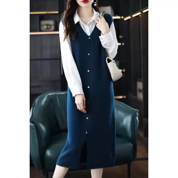 imagechouyatou Womens Sweater Vest Long Dress Elegant Below Knee Sleeveless Knitted Sweater Dress with SlitNavy Blue