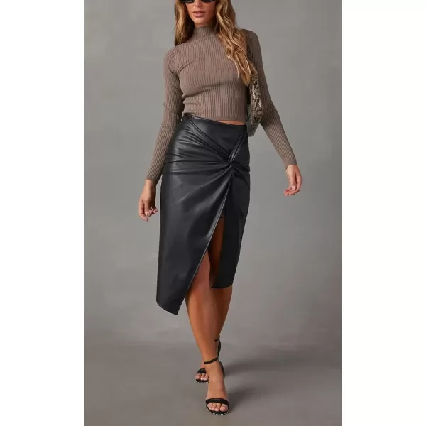 imagechouyatou Womens Twist Knot Bodycon Faux Leather Skirt Slim High Waist Front Slit Midi Pencil SkirtBlack