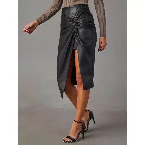 imagechouyatou Womens Twist Knot Bodycon Faux Leather Skirt Slim High Waist Front Slit Midi Pencil SkirtBlack
