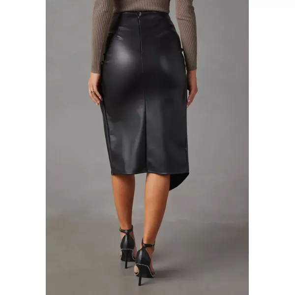 imagechouyatou Womens Twist Knot Bodycon Faux Leather Skirt Slim High Waist Front Slit Midi Pencil SkirtBlack