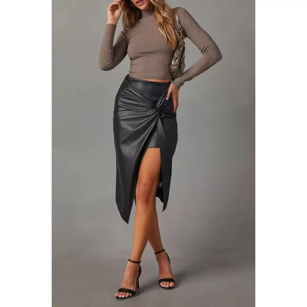 imagechouyatou Womens Twist Knot Bodycon Faux Leather Skirt Slim High Waist Front Slit Midi Pencil SkirtBlack