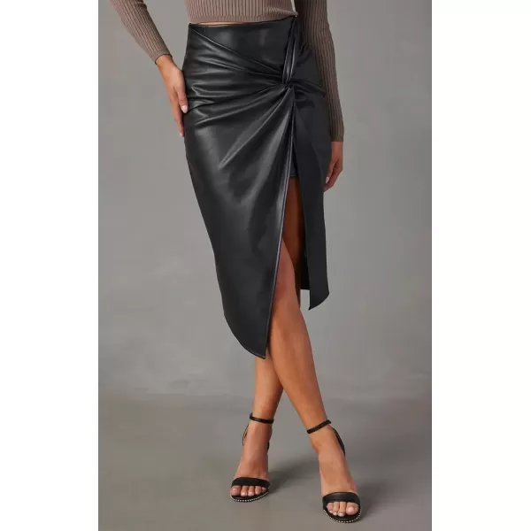 imagechouyatou Womens Twist Knot Bodycon Faux Leather Skirt Slim High Waist Front Slit Midi Pencil SkirtBlack
