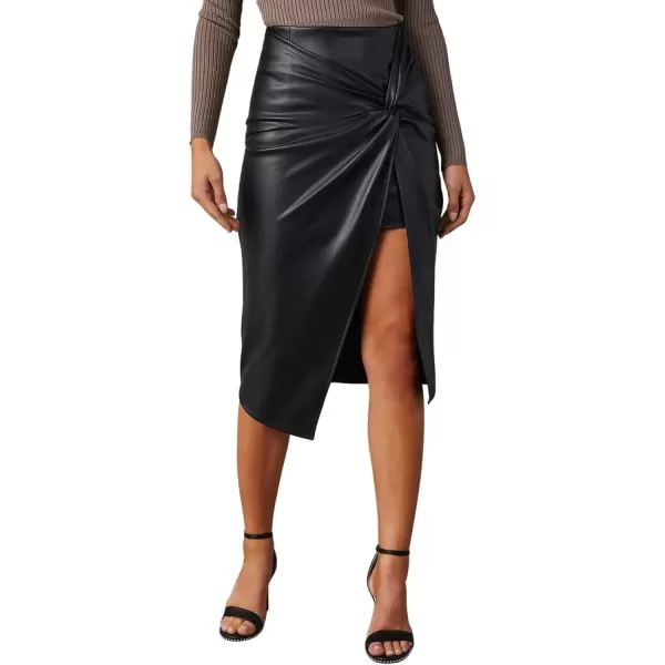 imagechouyatou Womens Twist Knot Bodycon Faux Leather Skirt Slim High Waist Front Slit Midi Pencil SkirtBlack
