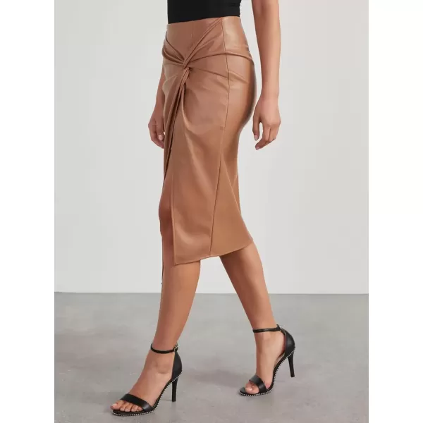 imagechouyatou Womens Twist Knot Bodycon Faux Leather Skirt Slim High Waist Front Slit Midi Pencil SkirtKhaki