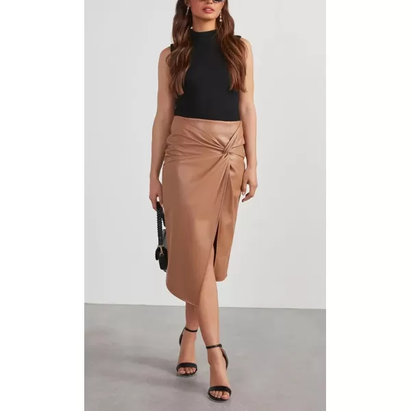 imagechouyatou Womens Twist Knot Bodycon Faux Leather Skirt Slim High Waist Front Slit Midi Pencil SkirtKhaki