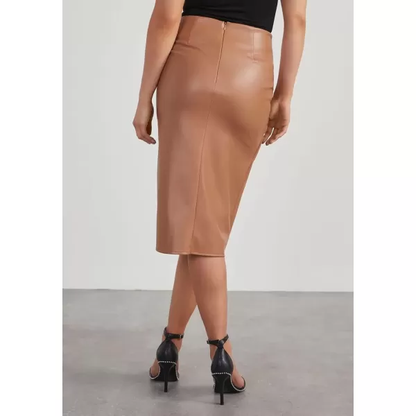imagechouyatou Womens Twist Knot Bodycon Faux Leather Skirt Slim High Waist Front Slit Midi Pencil SkirtKhaki