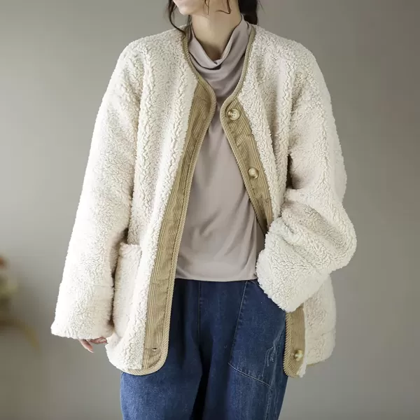 imagechouyatou Womens Warm Button Down Fuzzy Fleece Jacket Collarless Oversized Sherpa Jacket Faux Fur CoatBeige