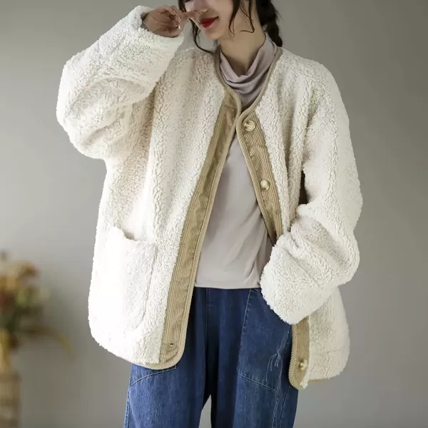 imagechouyatou Womens Warm Button Down Fuzzy Fleece Jacket Collarless Oversized Sherpa Jacket Faux Fur CoatBeige