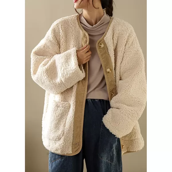imagechouyatou Womens Warm Button Down Fuzzy Fleece Jacket Collarless Oversized Sherpa Jacket Faux Fur CoatBeige