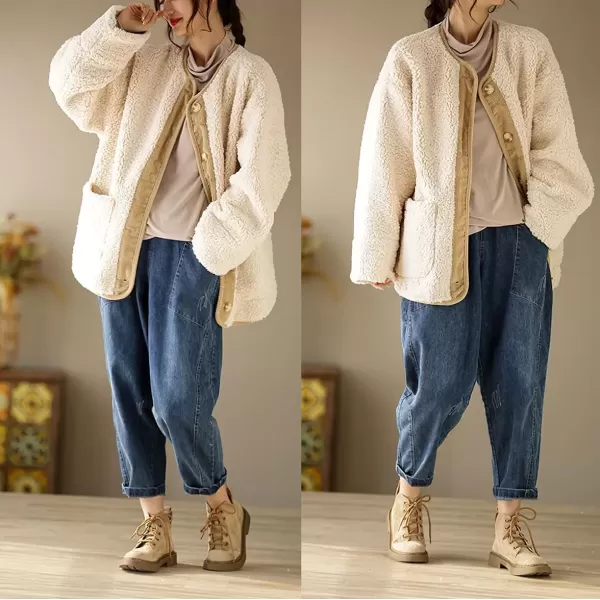 imagechouyatou Womens Warm Button Down Fuzzy Fleece Jacket Collarless Oversized Sherpa Jacket Faux Fur CoatBeige