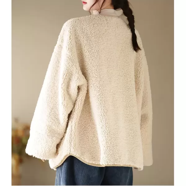 imagechouyatou Womens Warm Button Down Fuzzy Fleece Jacket Collarless Oversized Sherpa Jacket Faux Fur CoatBeige