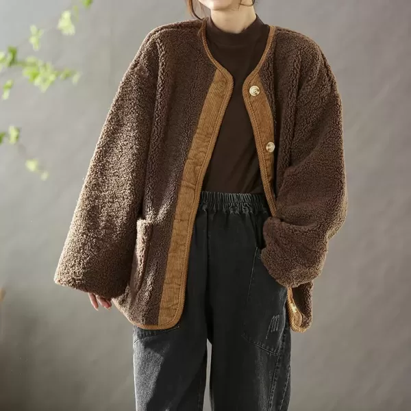 imagechouyatou Womens Warm Button Down Fuzzy Fleece Jacket Collarless Oversized Sherpa Jacket Faux Fur CoatBrown