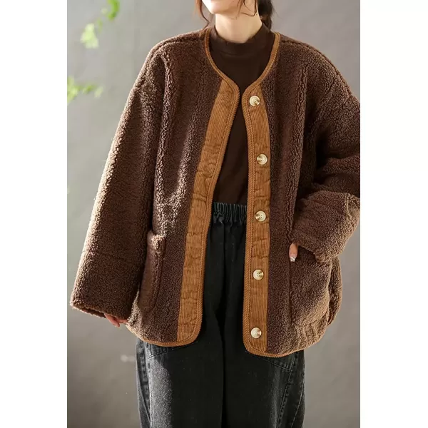imagechouyatou Womens Warm Button Down Fuzzy Fleece Jacket Collarless Oversized Sherpa Jacket Faux Fur CoatBrown