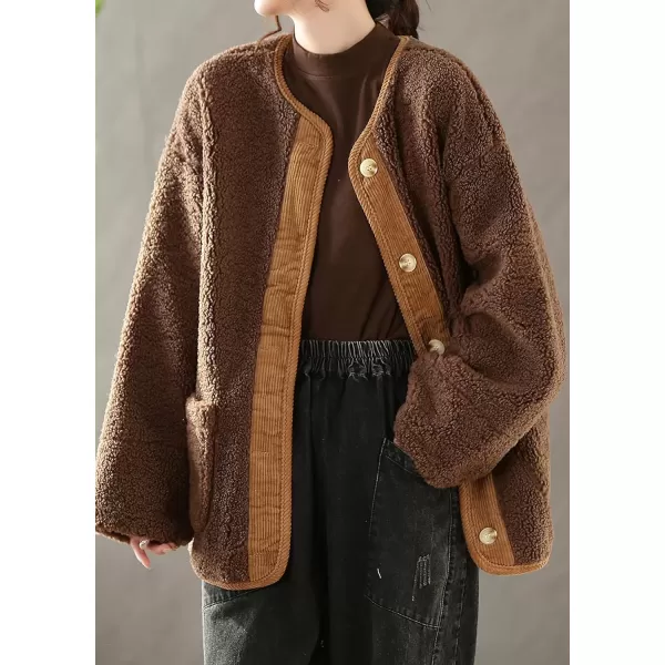 imagechouyatou Womens Warm Button Down Fuzzy Fleece Jacket Collarless Oversized Sherpa Jacket Faux Fur CoatBrown