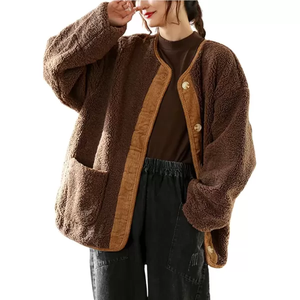 imagechouyatou Womens Warm Button Down Fuzzy Fleece Jacket Collarless Oversized Sherpa Jacket Faux Fur CoatBrown