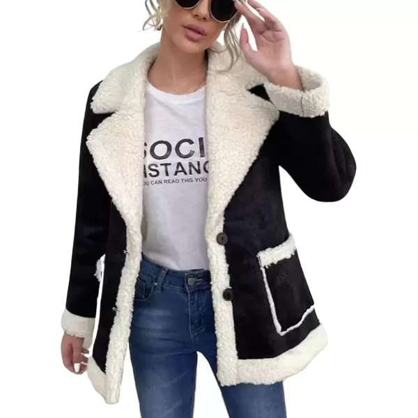 imagechouyatou Womens Winter Notched Collar Button Down Sherpa Fleece Lined Faux Suede Outerwear Jacket CoatBlack