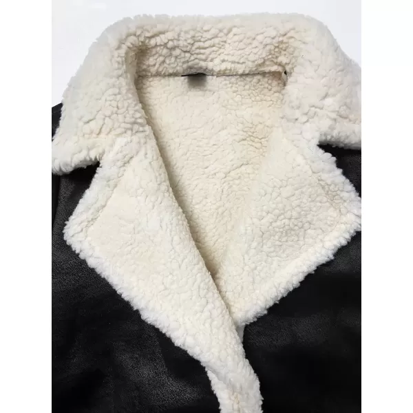 imagechouyatou Womens Winter Notched Collar Button Down Sherpa Fleece Lined Faux Suede Outerwear Jacket CoatBlack