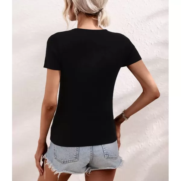 imagechouyatou CHOUYAOU Womens Spring Cut Out Short Sleeve Pullover Sweater Blouse Summer Sexy Rib Knit TShirtBlack