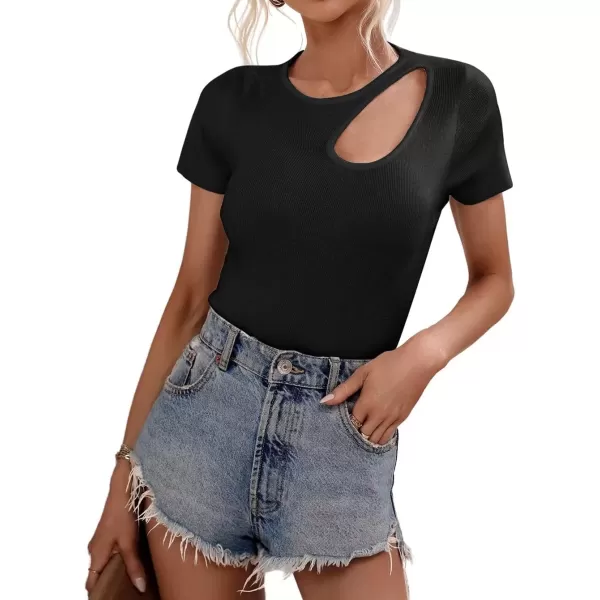 imagechouyatou CHOUYAOU Womens Spring Cut Out Short Sleeve Pullover Sweater Blouse Summer Sexy Rib Knit TShirtBlack
