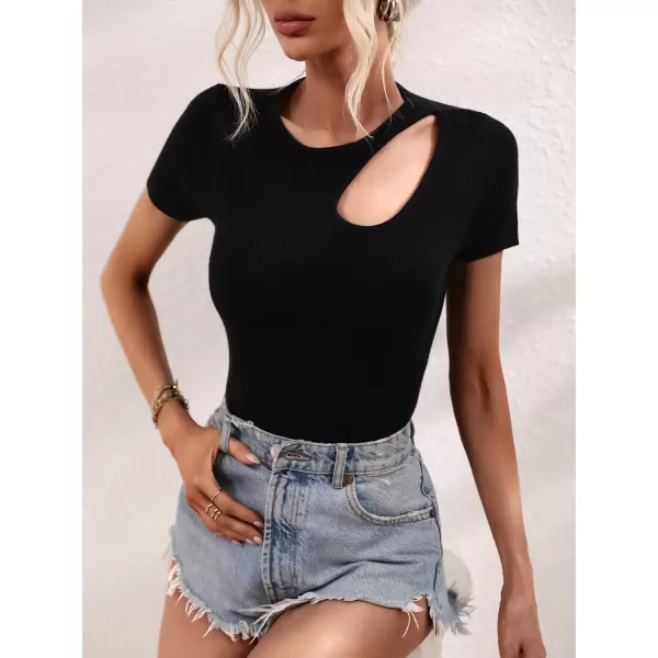 imagechouyatou CHOUYAOU Womens Spring Cut Out Short Sleeve Pullover Sweater Blouse Summer Sexy Rib Knit TShirtBlack