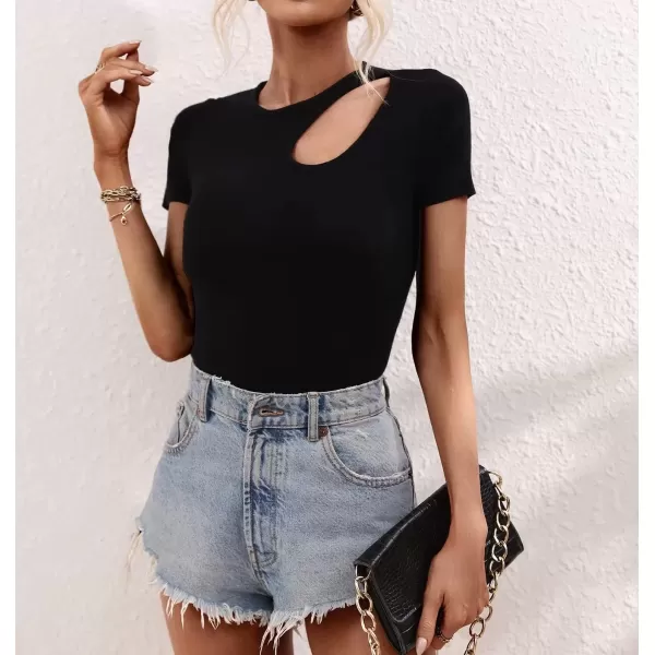 imagechouyatou CHOUYAOU Womens Spring Cut Out Short Sleeve Pullover Sweater Blouse Summer Sexy Rib Knit TShirtBlack
