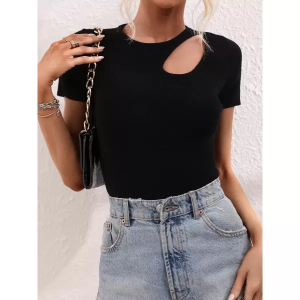 imagechouyatou CHOUYAOU Womens Spring Cut Out Short Sleeve Pullover Sweater Blouse Summer Sexy Rib Knit TShirtBlack