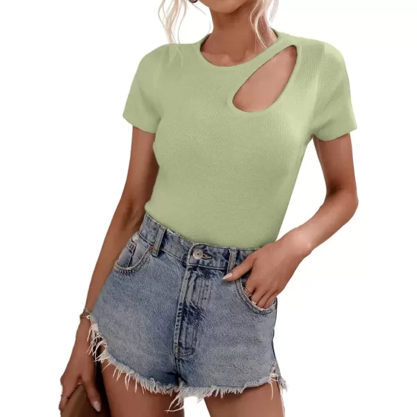 imagechouyatou CHOUYAOU Womens Spring Cut Out Short Sleeve Pullover Sweater Blouse Summer Sexy Rib Knit TShirtGreen