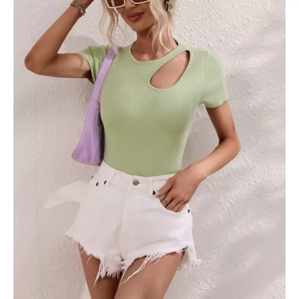 imagechouyatou CHOUYAOU Womens Spring Cut Out Short Sleeve Pullover Sweater Blouse Summer Sexy Rib Knit TShirtGreen