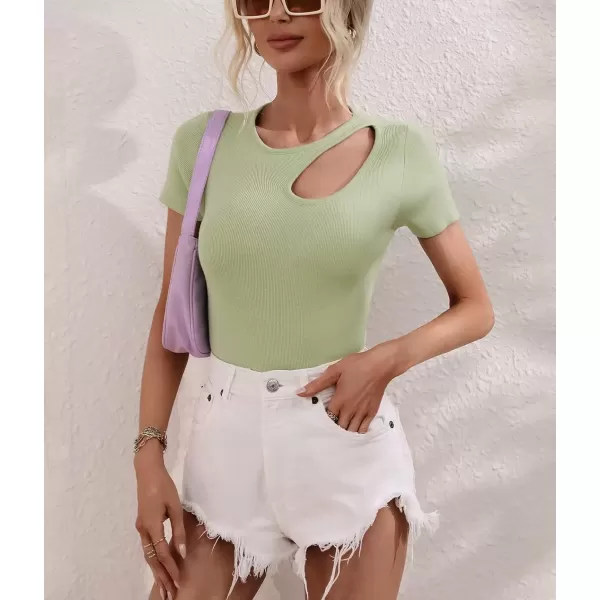 imagechouyatou CHOUYAOU Womens Spring Cut Out Short Sleeve Pullover Sweater Blouse Summer Sexy Rib Knit TShirtGreen