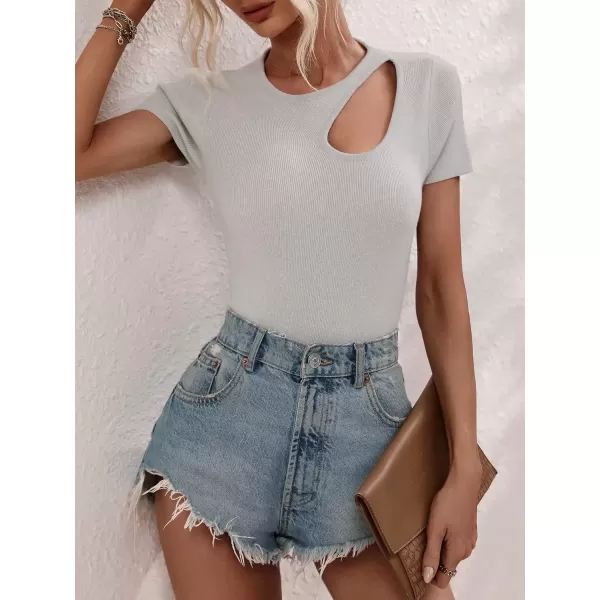 imagechouyatou CHOUYAOU Womens Spring Cut Out Short Sleeve Pullover Sweater Blouse Summer Sexy Rib Knit TShirtGrey