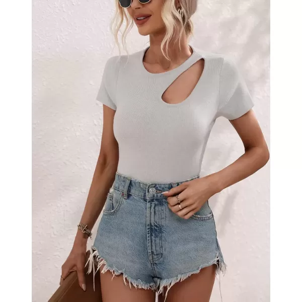 imagechouyatou CHOUYAOU Womens Spring Cut Out Short Sleeve Pullover Sweater Blouse Summer Sexy Rib Knit TShirtGrey