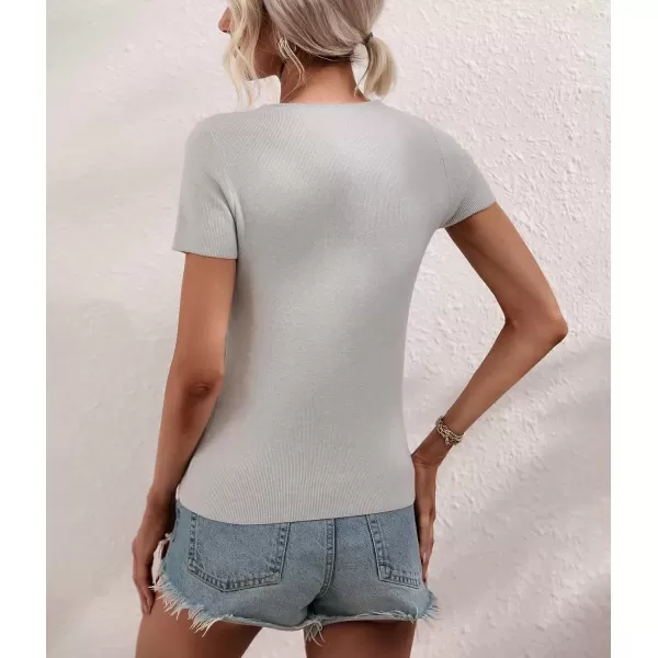 imagechouyatou CHOUYAOU Womens Spring Cut Out Short Sleeve Pullover Sweater Blouse Summer Sexy Rib Knit TShirtGrey