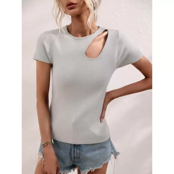imagechouyatou CHOUYAOU Womens Spring Cut Out Short Sleeve Pullover Sweater Blouse Summer Sexy Rib Knit TShirtGrey