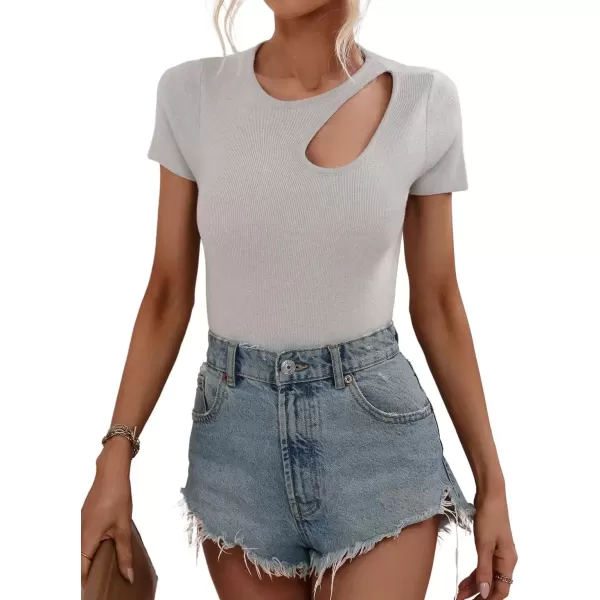 imagechouyatou CHOUYAOU Womens Spring Cut Out Short Sleeve Pullover Sweater Blouse Summer Sexy Rib Knit TShirtGrey