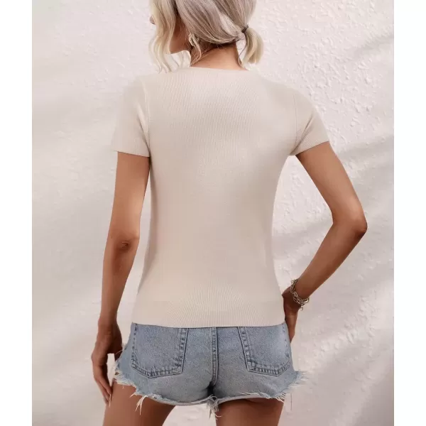 imagechouyatou CHOUYAOU Womens Spring Cut Out Short Sleeve Pullover Sweater Blouse Summer Sexy Rib Knit TShirtLight Khaki