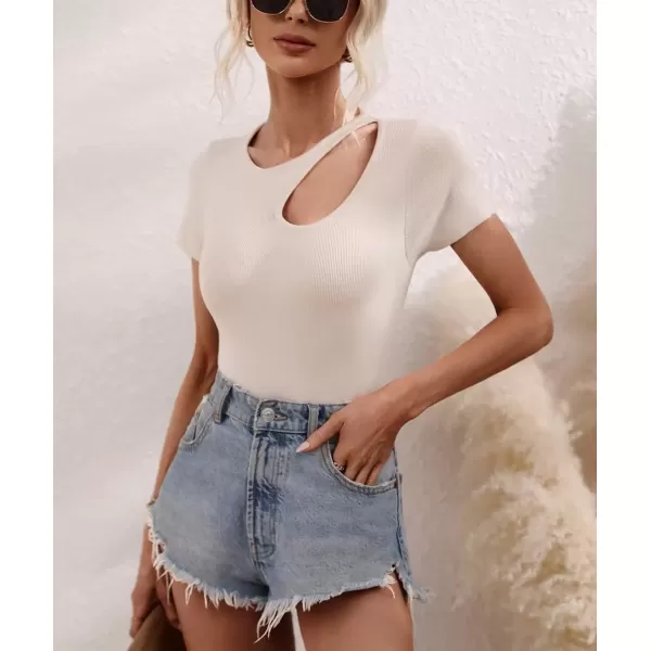 imagechouyatou CHOUYAOU Womens Spring Cut Out Short Sleeve Pullover Sweater Blouse Summer Sexy Rib Knit TShirtLight Khaki